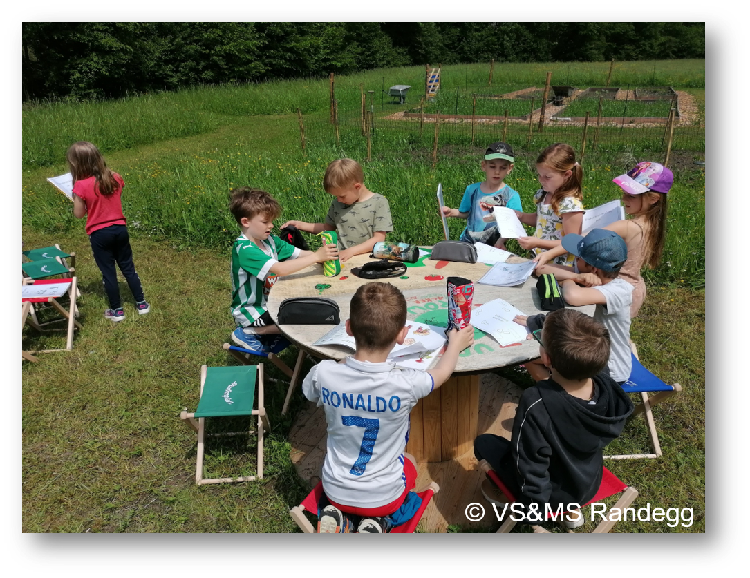 Schulkinder arbeiten in einem Lehrgarten