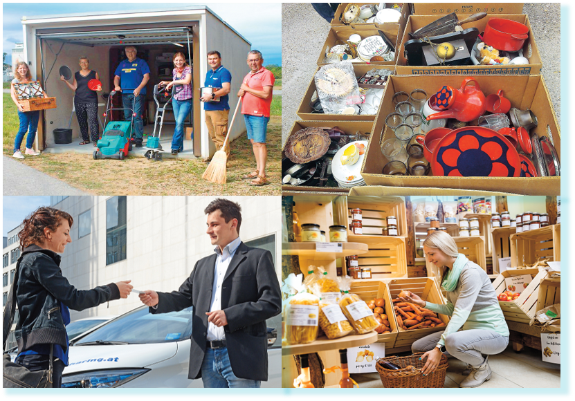 Unterschiedliche Aktionen zu Wir sind Gemeinde: Gemeinsame Gartenarbeit, Müllsammlung, Car Sharing, Einkauf im Regionalladen