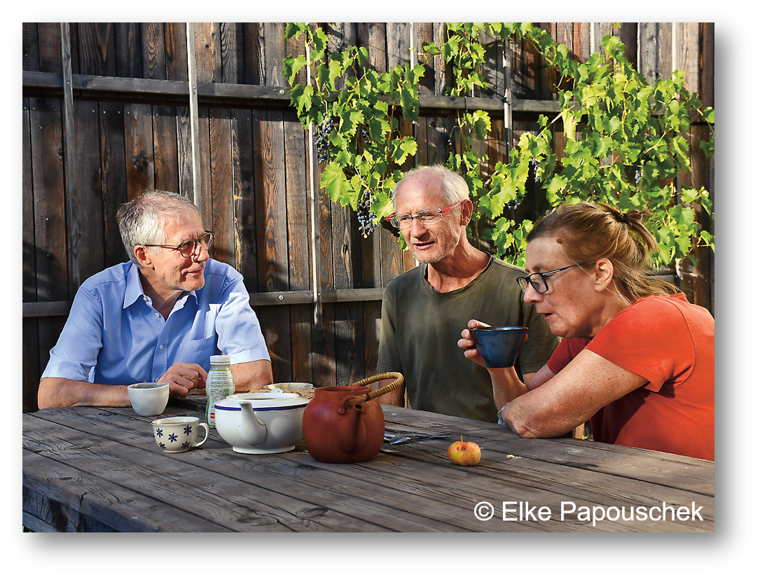 Zwei Männer und eine Frau sitzen an einem Holztisch im Freien, trinken Tee und reden