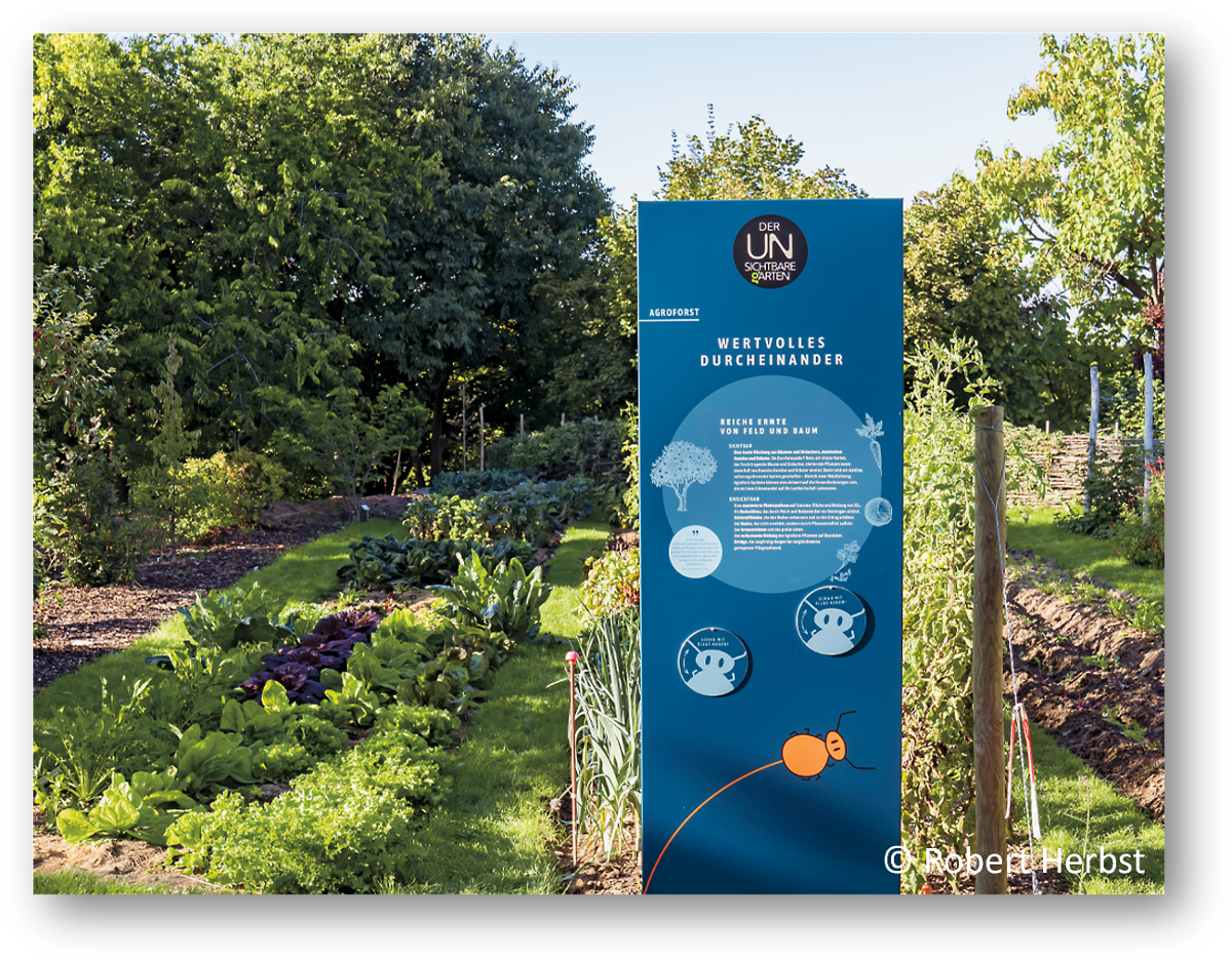 Infosäule in Gemüsegarten